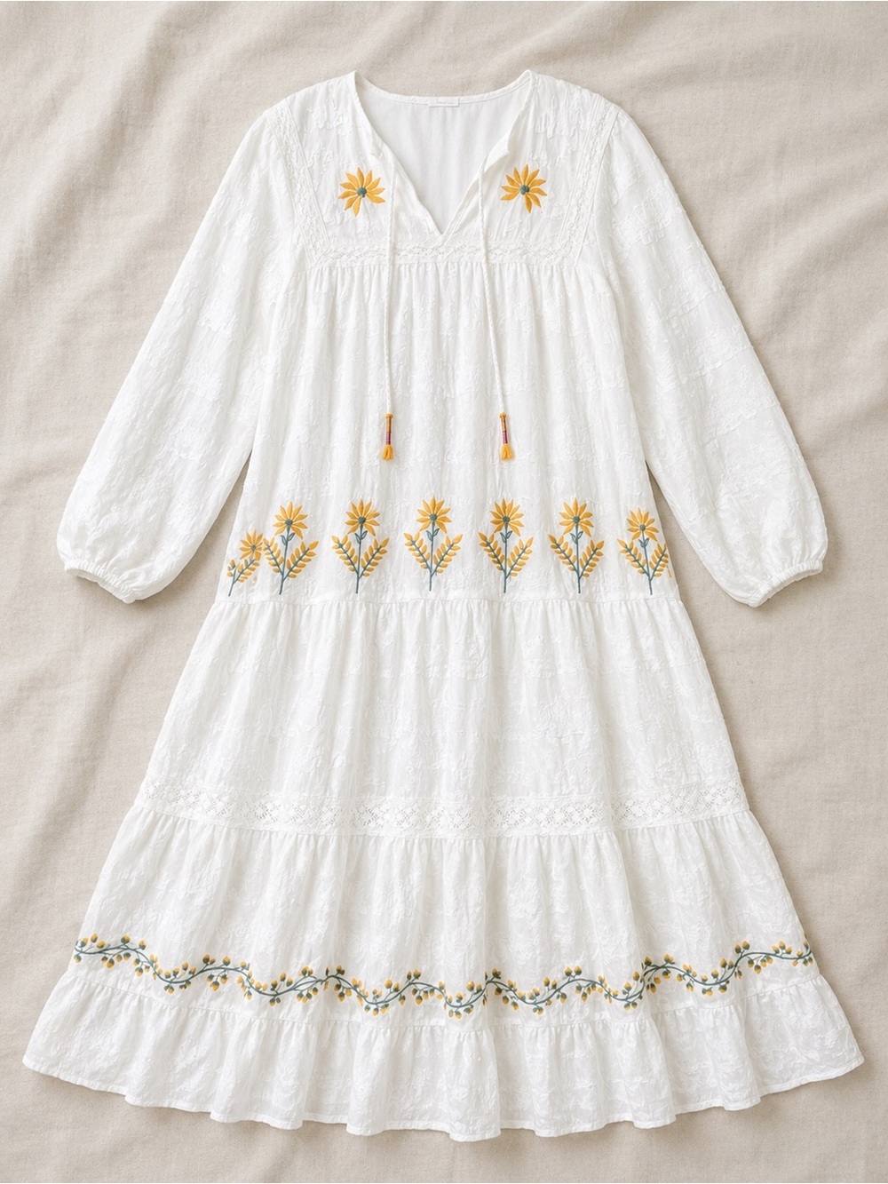Zara Embroidered Floral Textured Boho Midi Dress White Size Medium Cottagecore